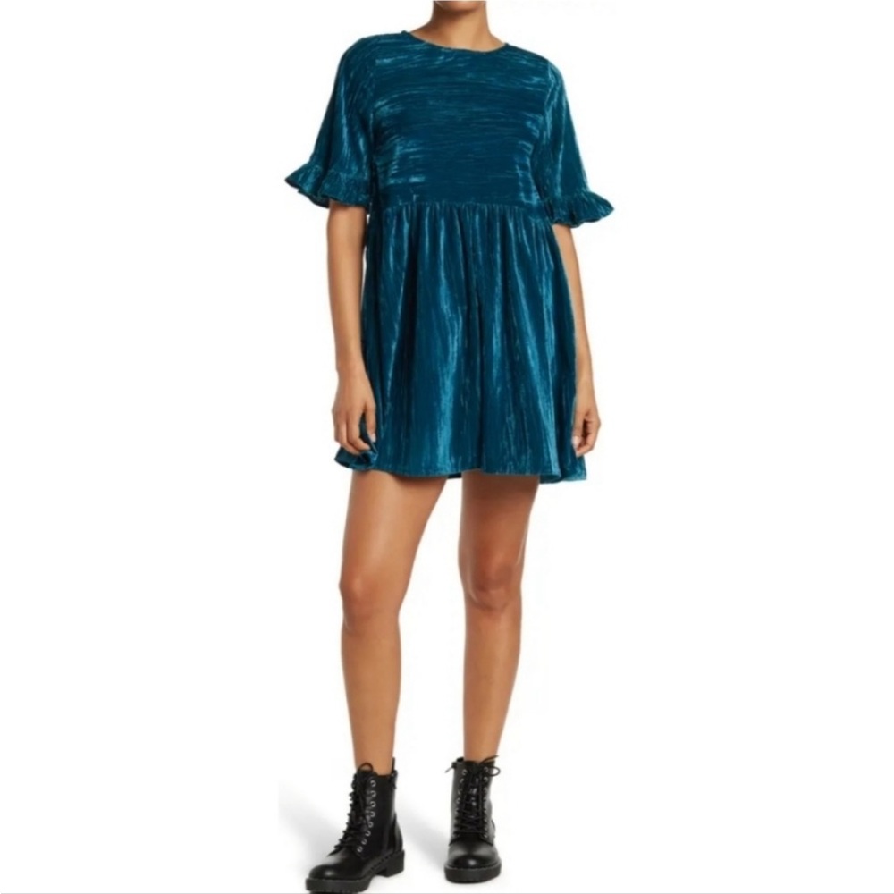 NWT Melloday Women’s Velvet Ruffle Sleeve Mini Dress in Teal Size Small